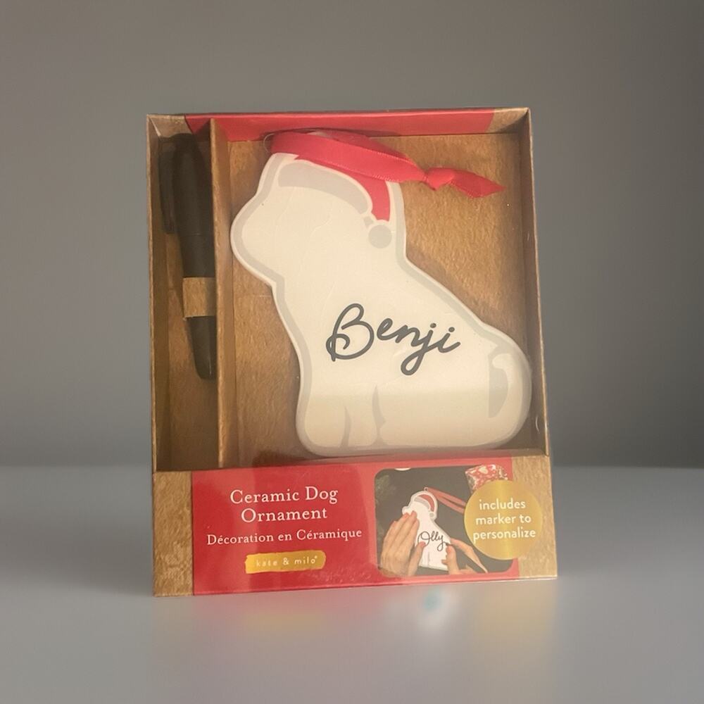 Kate And Milo Ceramic Dog Ornament Christmas Personalizable With Marker New